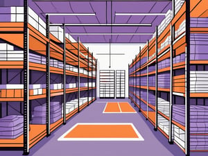 A neatly organized clothing warehouse with rows of shelves filled with various types of clothes