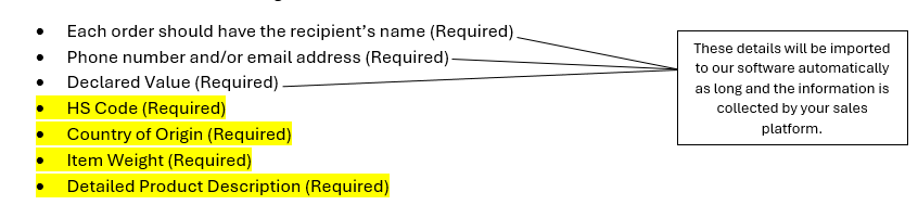 Fulfyld required international shipping fields checklist