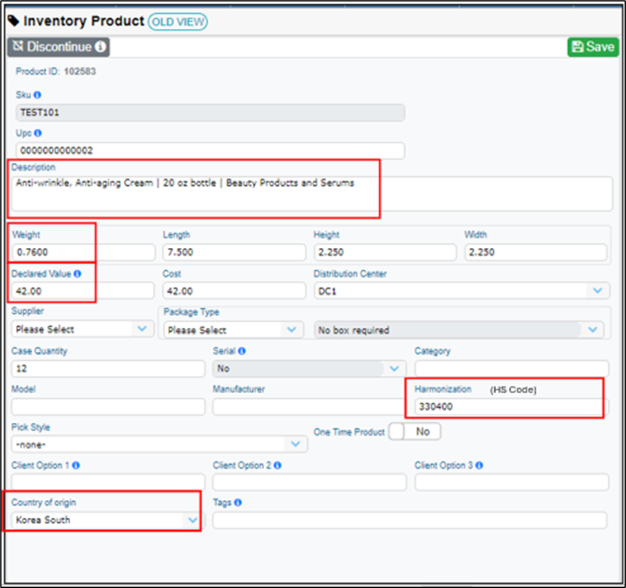 Fulfyld WMS customs data entry screen
