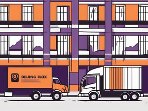 A truck loading a box at a warehouse (representing shipping) and then the same box arriving at a doorstep (representing delivery)