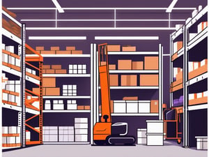 A warehouse with shelves containing dusty and rusted items