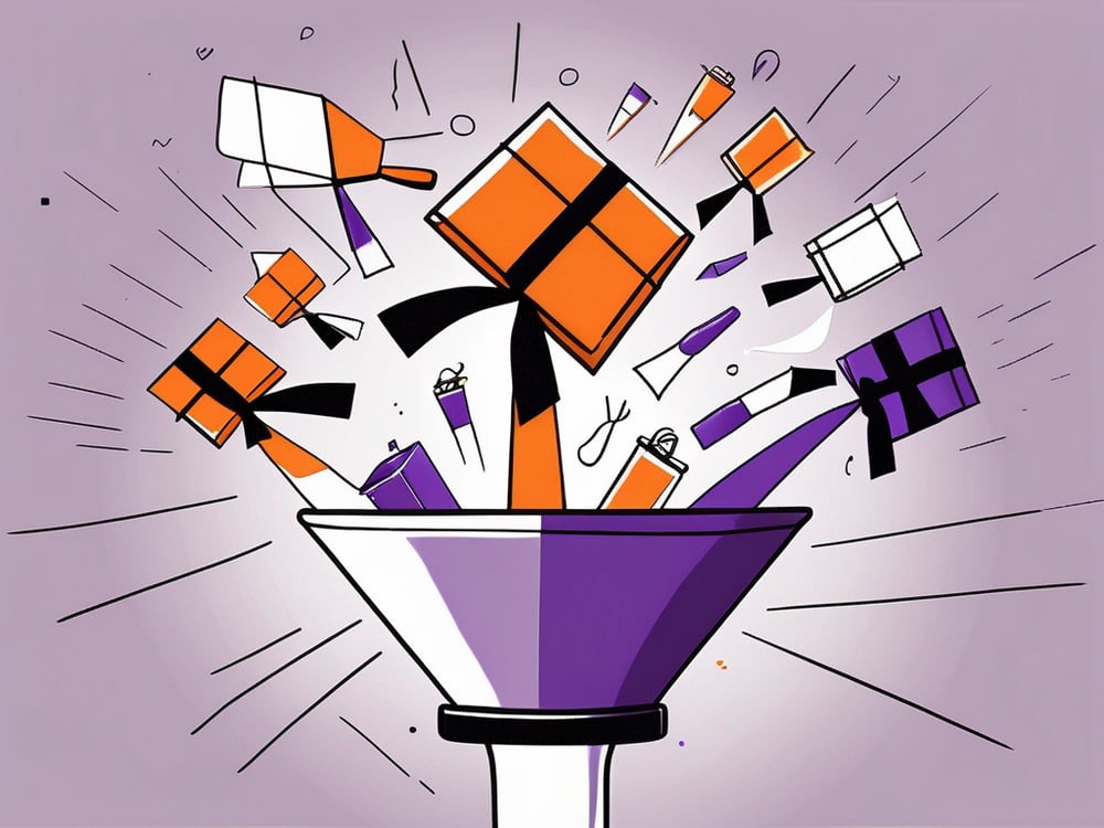 Various pr packages as symbolic gifts being dropped into a funnel that represents a marketing strategy