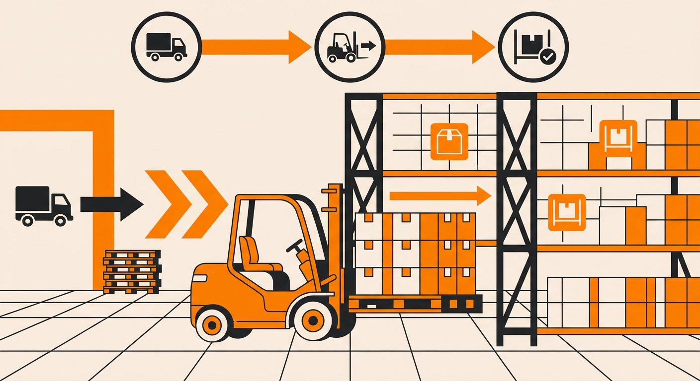 A clean, well-organized warehouse aisle showing a forklift placing newly received pallets into clearly labeled storage racks,
